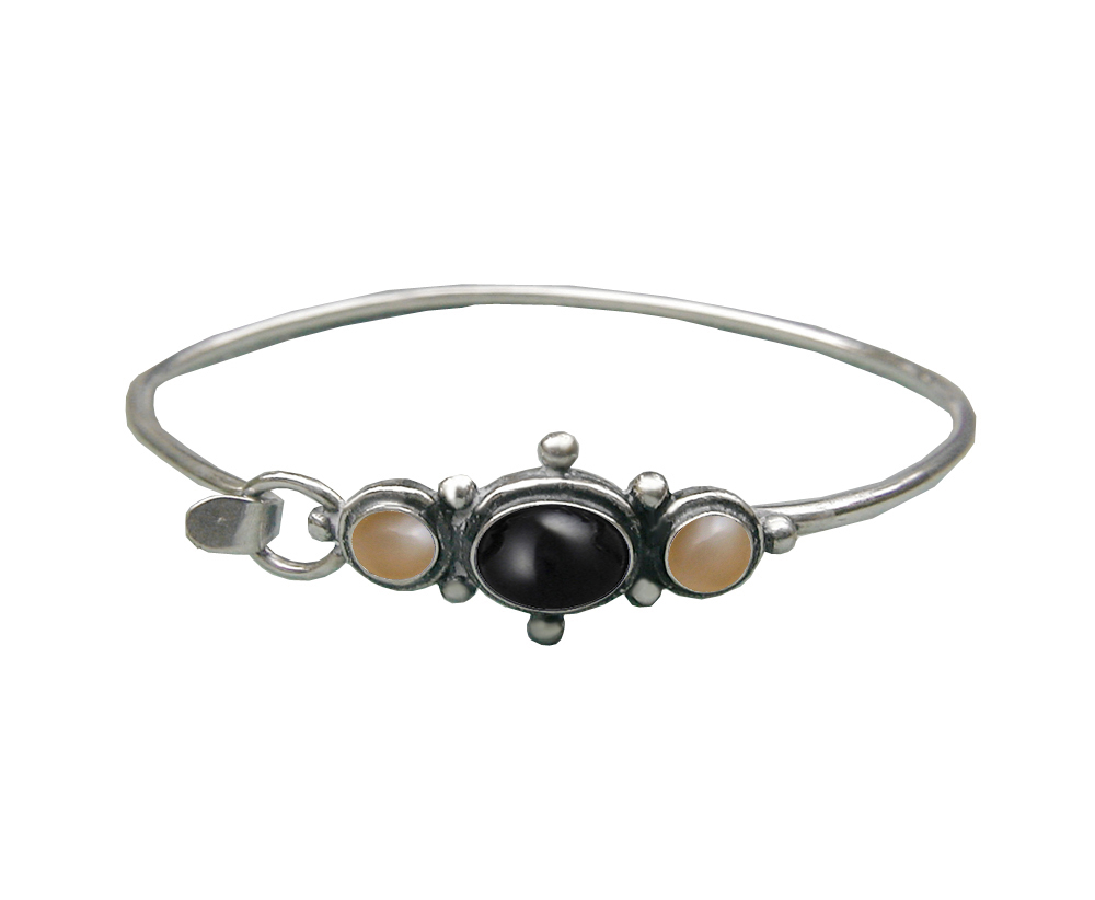 Sterling Silver Strap Latch Spring Hook Bangle Bracelet Black Onyx And Peach Moonstone